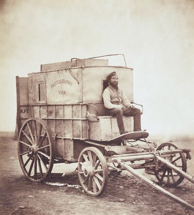 Roger Fenton, Photographic Van, 1855 
<br/>
<br/>Fenton's horse-drawn photographic van, with his assistant Marcus Sparling seated at the front.
<br/>
<br/>Images for use in connection with the exhibition, Shadows of War: Roger Fenton's Photographs of the Crimea, 1855, The Queen's Gallery, Palace of Holyroodhouse, 4 August v¢¬Ä¬ì 26 November 2017.
<br/>
<br/>Royal Collection Trust / (C) Her Majesty Queen Elizabeth II 2017. 
<br/>
<br/>Images must not be archived or sold-on.