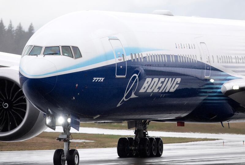 A Boeing 777X airplane taxis during an attempted first test flight from the company's plant in Everett, Washington. Reuters