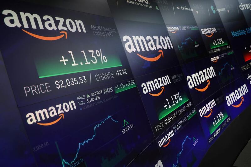 FILE PHOTO: The Amazon.com logo and stock price information is seen on screens at the Nasdaq Market Site in New York City, New York, U.S., September 4, 2018. REUTERS/Mike Segar/File Photo