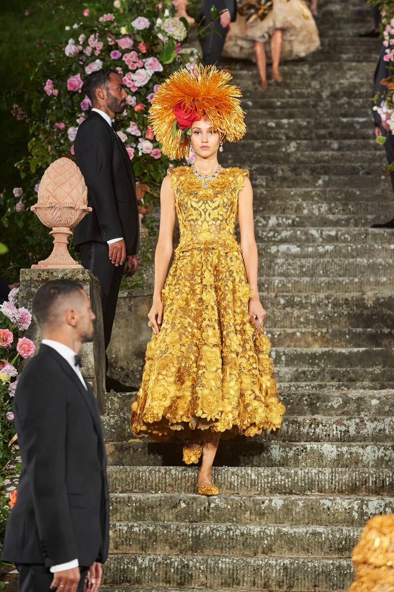 A look from Dolce & Gabbana’s latest Alta Moda collection, which was presented in Florence’s Villa Bardini. Courtesy Dolce & Gabbana