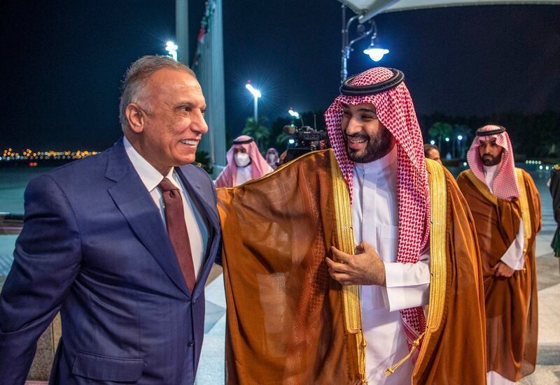 Saudi Arabia's Crown Prince Mohammed bin Salman welcomes Mustafa Al Kadhimi at Jeddah in June 2022, as the then-caretaker Iraqi prime minister sought to resume Saudi-Iranian talks hosted by Baghdad. AFP