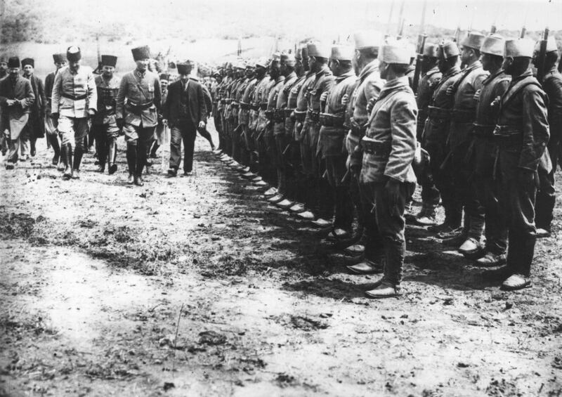 Turkish general and statesman Mustafa Kemal Ataturk reviewing his troops during the war of independence against Greece.   (Photo by General Photographic Agency/Getty Images)