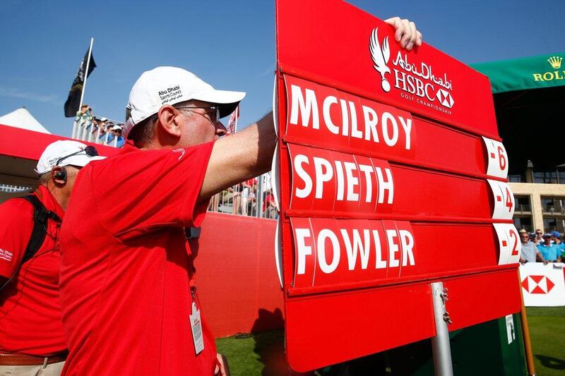 The scores for Rory McIlroy, Jordan Spieth and Rickie Fowler displayed prior to their group’s start at the Abu Dhabi HSBC Golf Championship on Friday. Scott Halleran / Getty Images