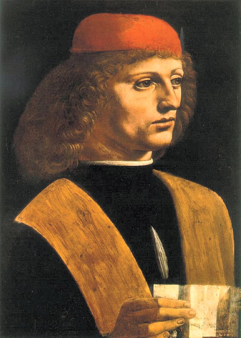 'Portrait of a Musician' (1485). The painting was once thought to be of Franchino Gaffurio, while others believe it is of an anonymous man. The painting is in the Biblioteca Ambrosiana library in Milan
