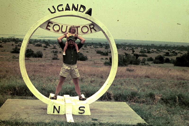 Alice Morrison and her father, Jim Morrison, on the equator in Uganda in the 1960s. Photo: Alice Morrison