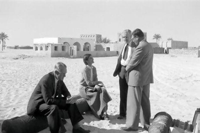 Mrs Susan Hillyard outside Qasr Al Hosn in the company of her husband Tim and a delegation of visitors from the oil industry. Literary Estate of Roderic Owen