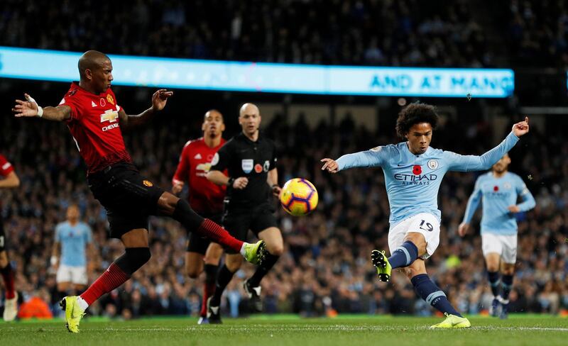 Manchester City's Leroy Sane has a shot on goal. Reuters