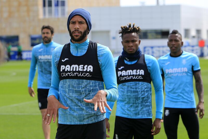 Villarreal players Etienne Capoue and Samuel Chukwueze  attend training session at Villarreal Sports City in Villarreal, Spain, on April 26. ahead of their Champions League semi-final against Liverpool. EPA