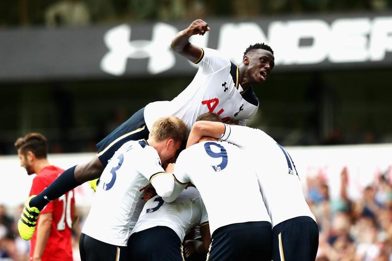 Tottenham celebrate their equalising goal against Liverpool, but for large parts of the game, they were outplayed. Julian Finney / Getty Images