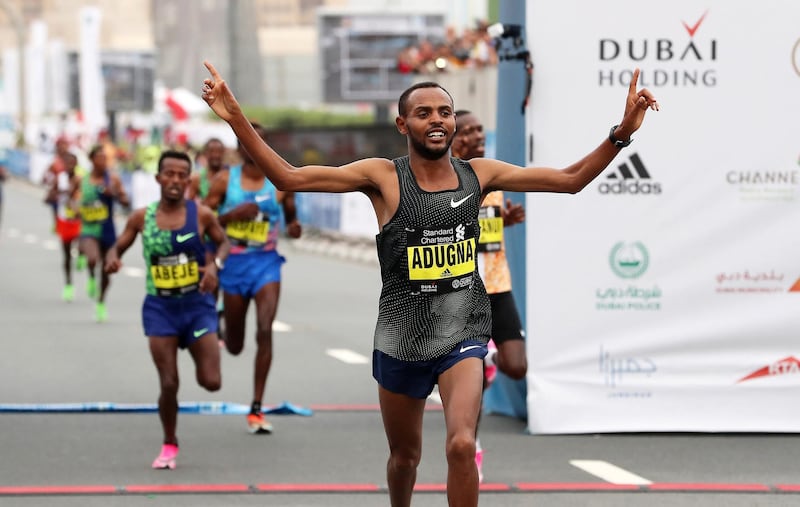 DUBAI, UNITED ARAB EMIRATES , Jan 24  – 2020 :- Olika Adugna Bikila from Ethiopia after winning the men Standard Chartered Dubai Marathon 2020 held on the Umm Suqeim Road in Dubai. ( Pawan  Singh / The National ) For News/Online/Instagram.