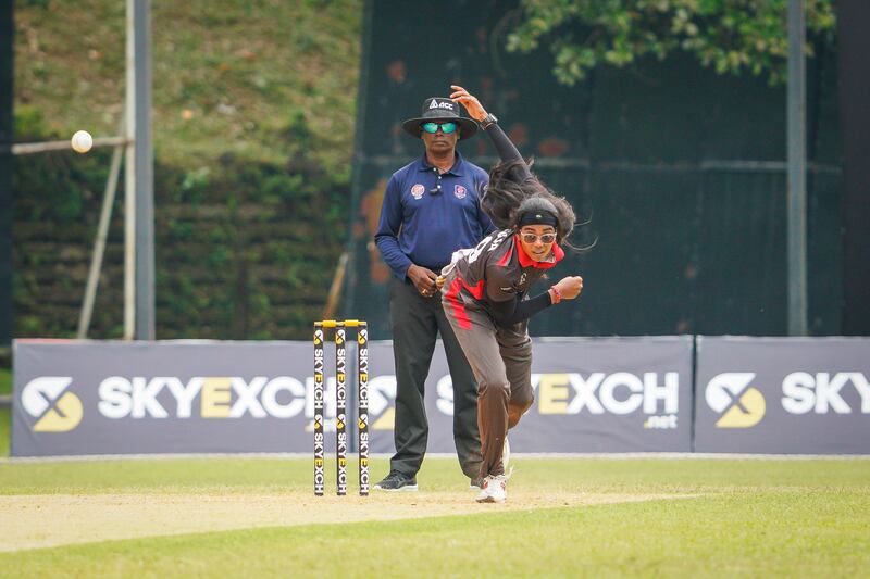 Indhuja Nandakumar bowled two tight overs for UAE against Oman before the rain arrived in Kuala Lumpur. Photo: Malaysia Cricket