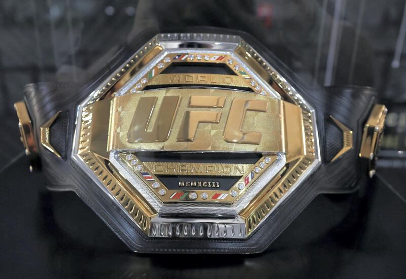 Abu Dhabi, United Arab Emirates - September 06, 2019: A UFC belt on display at the UFC fan zone. Friday the 6th of September 2019. Yes Island, Abu Dhabi. Chris Whiteoak / The National