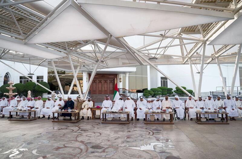 ABU DHABI, UNITED ARAB EMIRATES - February 19, 2018: HH Sheikh Mohamed bin Zayed Al Nahyan Crown Prince of Abu Dhabi Deputy Supreme Commander of the UAE Armed Forces (12th R) receives Sheikh Sultan bin Sehaim Al Thani, Leader of Qatar's opposition  (13th R), during a Sea Palace barza. Seen with HH Sheikh Zayed bin Hamdan bin Zayed Al Nahyan, HH Sheikh Mohamed bin Rashid Al Maktoum, Vice-President, Prime Minister of the UAE, Ruler of Dubai and Minister of Defence, HH Sheikh Hamdan bin Mohamed Al Maktoum, Crown Prince of Dubai, HH Sheikh Ammar bin Humaid Al Nuaimi, Crown Prince of Ajman, HH Sheikh Tahnoon bin Mohamed Al Nahyan, Ruler's Representative in Al Ain Region, and other dignitaries.
( Ryan Carter for the Crown Prince Court - Abu Dhabi )
---