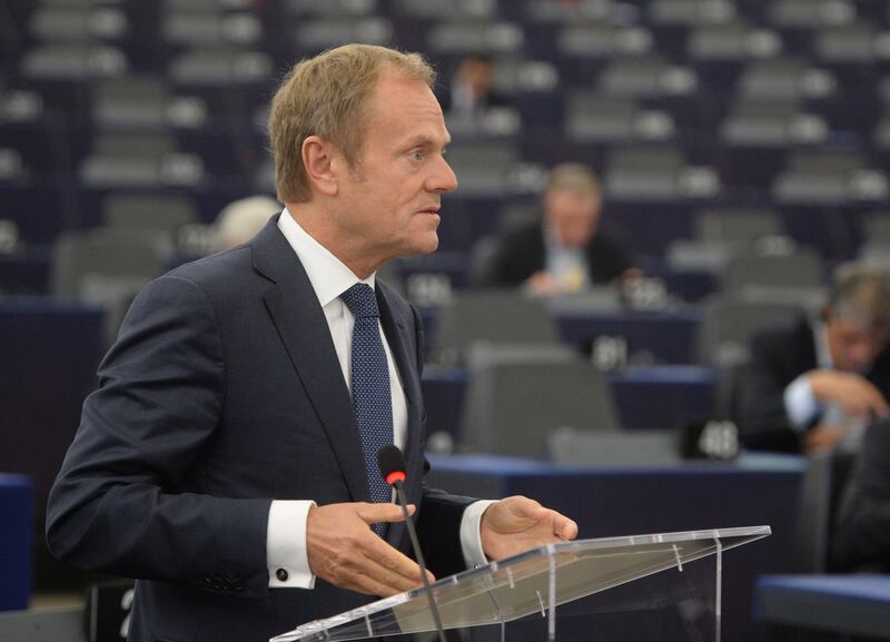 epa06285480 European Council President Donald Tusk delivers his speech at the European Parliament in Strasbourg, France, 24 October 2017 during the debate on a roadmap for the future of Europe.  EPA/PATRICK SEEGER