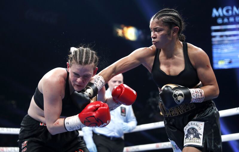 Undisputed welterweight champion Jessica McCaskill on her way to retaining her titles with a seventh-round TKO victory over Kandi Wyatt at the MGM Grand in Las Vegas on December 4, 2021. Getty