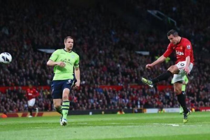 The second of three goals scored by Manchester United’s Robin van Persie on Monday will not soon be forgotten as it lifted United and manager Sir Alex Ferguson to another league title. Alex Livesey / Getty Images