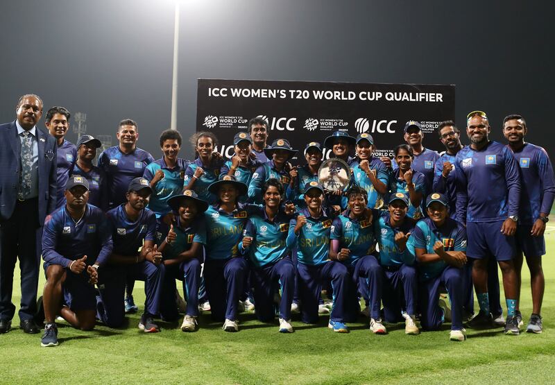 Sri Lanka celebrate their win against Scotland in the final of the ICC Women's T20 World Cup Qualifier.