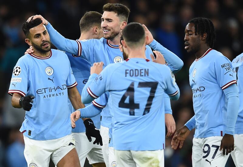 Riyad Mahrez celebrates with teammates after scoring Manchester City's third goal in the 3-1 Champions League win against Sevilla on November 2, 2022. EPA