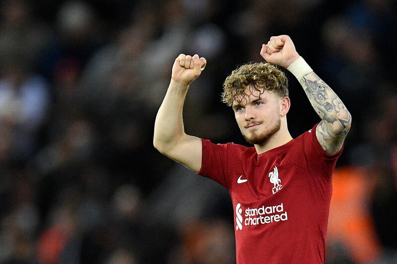 Liverpool's Harvey Elliott celebrates after the League Cup penalty shoot-out victory against Derby County at Anfield  on November 9, 2022. AFP