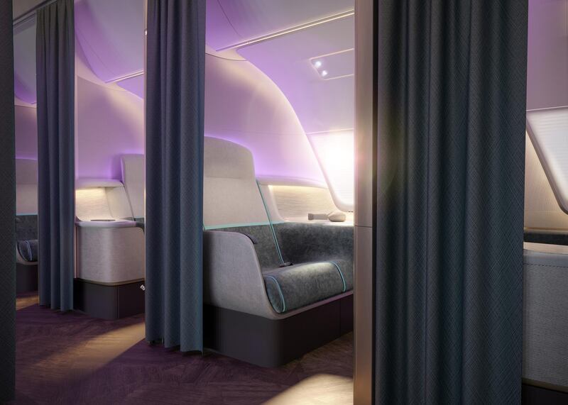 In the Pure Skies Room, formerly known as business class, each seat is a fully enclosed space, partitioned off with full-height curtains. Courtesy PriestmanGoode