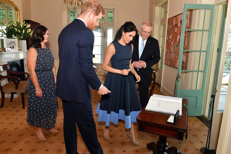 Meghan, Duchess of Sussex, wears Roksanda and Stuart Weitzman heels at Kirribilli House in Sydney on October 19, 2018. AP