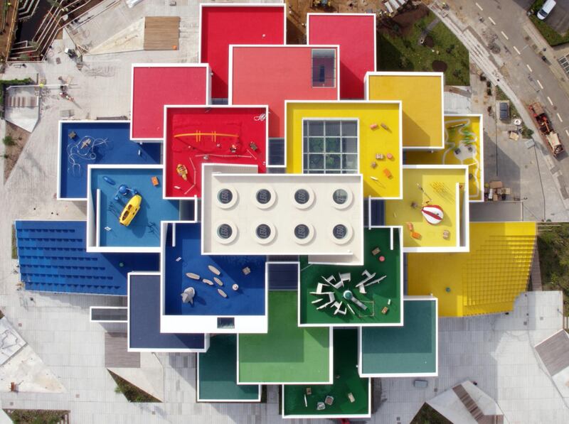 An aerial view of the new Lego House in Billund, Denmark. Lego House