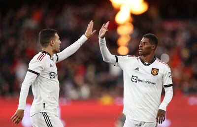 Marcus Rashford celebrates with Diogo Dalot after scoring in Manchester United's pre-season friendly win against Crystal Palace at Melbourne Cricket Ground. Getty