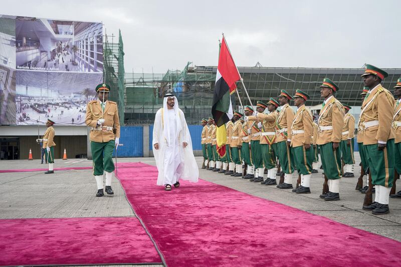 ADDIS ABABA, ETHIOPIA - June 15, 2018: HH Sheikh Mohamed bin Zayed Al Nahyan, Crown Prince of Abu Dhabi and Deputy Supreme Commander of the UAE Armed Forces (2nd L) inspects members of the Ethiopian Honor Guard, during an official visit.

( Rashed Al Mansoori / Crown Prince Court - Abu Dhabi )
---