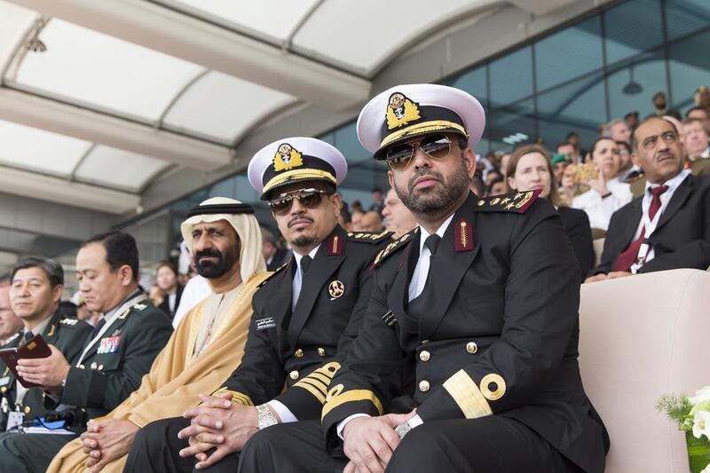 High-ranking members of the Armed Forces watch the opening ceremony of the 2017 International Defence Exhibition and Conference. Philip Cheung / Crown Prince Court - Abu Dhabi