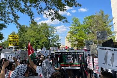 Pro-Palestine protest takes place outside Israeli embassy in Washington. Ellie Sennett / The National