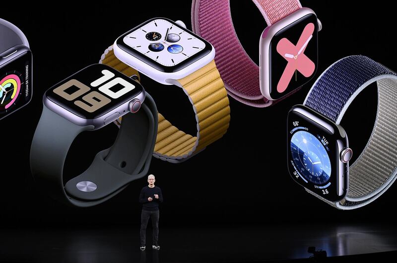 Tim Cook, chief executive officer of Apple Inc., speaks about Apple Watch during an event at the Steve Jobs Theater in Cupertino, California, U.S., on Tuesday, Sept. 10, 2019. Apple said its TV+ original video subscription service will launch Nov. 1 for $4.99 a month, undercutting the price of rival offerings. Photographer: David Paul Morris/Bloomberg
