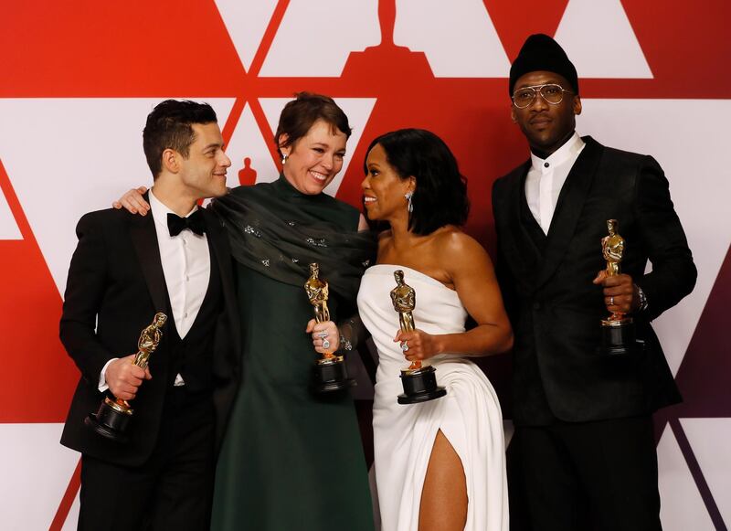 The big winners: Rami Malek (Best Actor), Olivia Colman (Best Actress), Regina King (Best Supporting Actress) and Mahershala Ali (Best Supporting Actor) in the press room following the ceremony. EPA