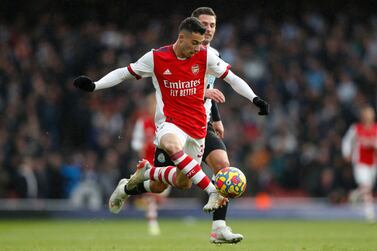 Arsenal's Brazilian striker Gabriel Martinelli controls the ball during the English Premier League football match between Arsenal and Newcastle United at the Emirates Stadium in London on November 27, 2021.  (Photo by Adrian DENNIS / AFP) / RESTRICTED TO EDITORIAL USE.  No use with unauthorized audio, video, data, fixture lists, club/league logos or 'live' services.  Online in-match use limited to 120 images.  An additional 40 images may be used in extra time.  No video emulation.  Social media in-match use limited to 120 images.  An additional 40 images may be used in extra time.  No use in betting publications, games or single club/league/player publications.   /  