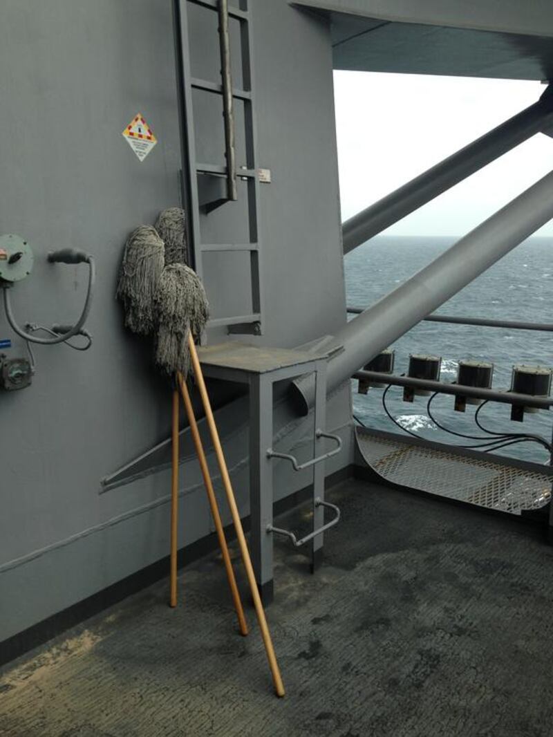 Mops are pictured on the USS George HW Bush’s ‘Vulture’s Row’ - a viewing platform from where operations on the flight deck can be observed.