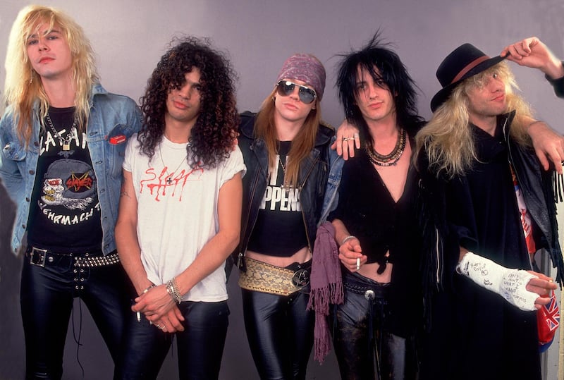 Guns And Roses (Duff McCagan, Slash, Axl Rose, Izzy Stradlin, Steven Adler) at the UIC Pavillion  in Chicago, Illinois,  August 21, 1987 .  (Photo by Paul Natkin/Getty Images)