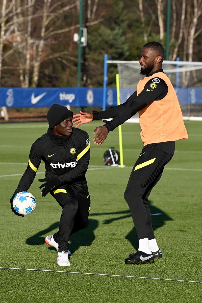 N'Golo Kante and Antonio Rudiger battle for the ball.