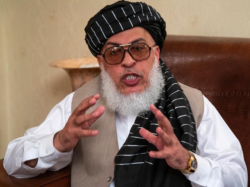 FILE - Sher Mohammad Abbas Stanikzai, the Taliban's chief negotiator, speaks to reporters after talks in Moscow, Russia,in a Tuesday, May 28, 2019 file photo. Sher Mohammad Abbas Stanikzai now heads the powerful negotiation team established by the Talibanâ€™s leader. (AP Photo/Alexander Zemlianichenko, File)