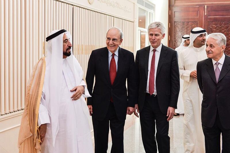 Sheikh Dr. Sultan Bin Mohammad Al Qassimi meets former US special envoy for Middle East peace, and chairman emeritus of the global law firm DLA Piper, Senator George Mitchell prior to an address for students at the American University of Sharjah. Courtesy ASDA'A Burson-Marsteller 