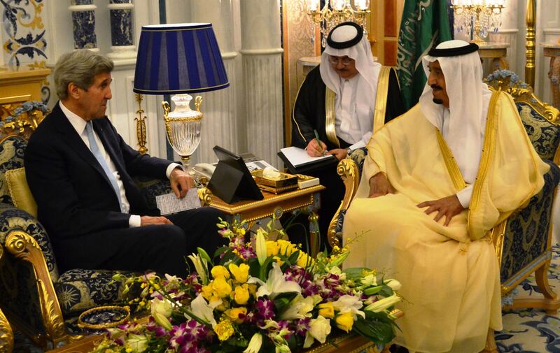 US secretary of state John Kerry meets Saudi King Salman in Jeddah. Dave Clark / AFP