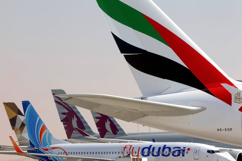 Regional airlines lined up: Emirates, Qatar Airways, flydubai and Etihad Airways at Dubai Airshow. Getty