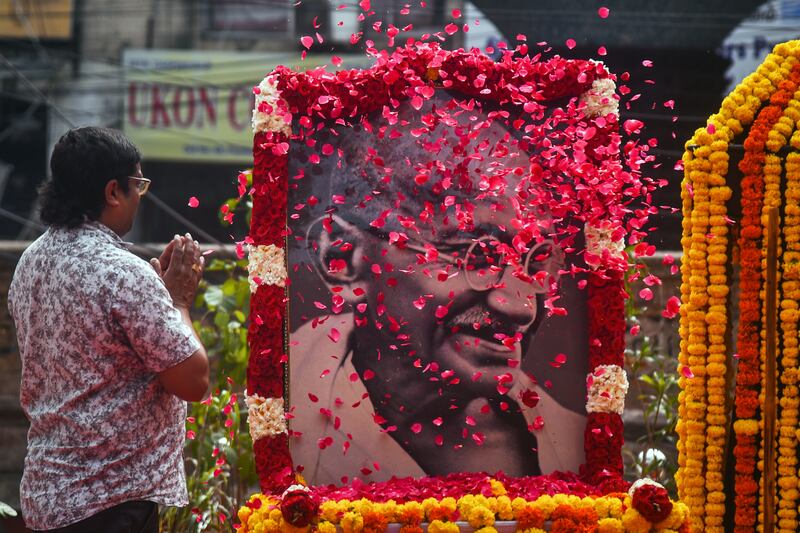 A floral tribute to Mahatma Gandhi on the 75th anniversary of his death, at Egmore Museum in Chennai, India, on Monday. Gandhi was assassinated on January 30, 1948, and the day has since been observed as Martyr's Day. EPA