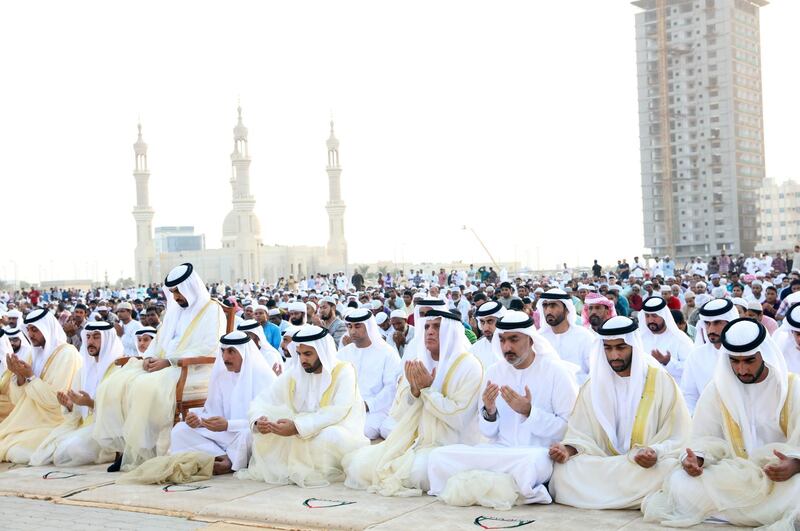 Sheikh Saud bin Saqr Al Qasimi, Ruler of Ras Al Khaimah and Sheikh Mohammed bin Saud bin Saqr Al Qasimi, Crown Prince of Ras Al Khaimah at the Eid Grand Musalla in Khuzam. WAM