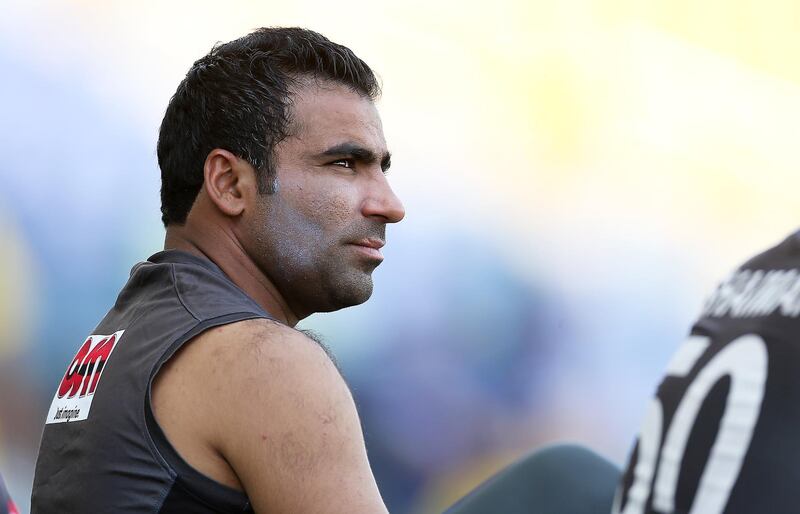 ABU DHABI , UNITED ARAB EMIRATES – April 12 , 2017 : Sultan Ahmed of UAE cricket team during the T20 cricket match between Papua New Guinea vs UAE held at  Sheikh Zayed Cricket Stadium in Abu Dhabi. UAE won the match by 5 wickets. ( Pawan Singh / The National ) For Sports. Story by Paul Radley. ID : 28402
 *** Local Caption ***  PS1204- CRICKET04.jpg