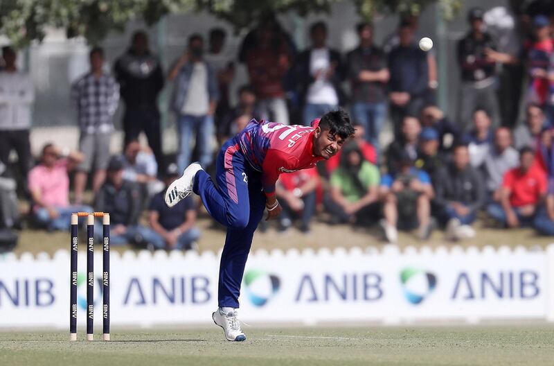 DUBAI , UNITED ARAB EMIRATES , January 28 – 2019 :- Sandeep Lamichhane of Nepal bowling during the one day international cricket match between UAE vs Nepal held at ICC cricket academy in Dubai. ( Pawan Singh / The National ) For Sports. Story by Paul