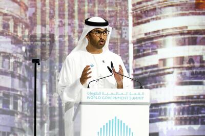 Dr Sultan Al Jaber, Minister of Industry and Advanced Technology, managing director and group chief executive of Adnoc and President-designate of Cop28, speaks at the session on The Road Map to Cop28: Prioritising Action, at the World Government Summit in Dubai. Pawan Singh / The National