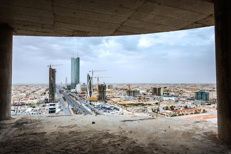 The skyscraper Burj Rafal, centre, seen from a construction site in Riyadh. Waseem Obaidi for The National