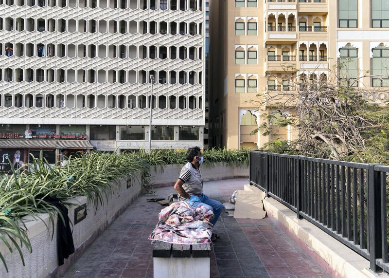 DUBAI, UNITED ARAB EMIRATES. 9 APRIL 2020. 
A park by Dubai Creek on Baniyas street.
The park has become home to  tens who have lost their jobs and have nowhere to go with COVID shutdowns.
(Photo: Reem Mohammed/The National)

Reporter:
Section: