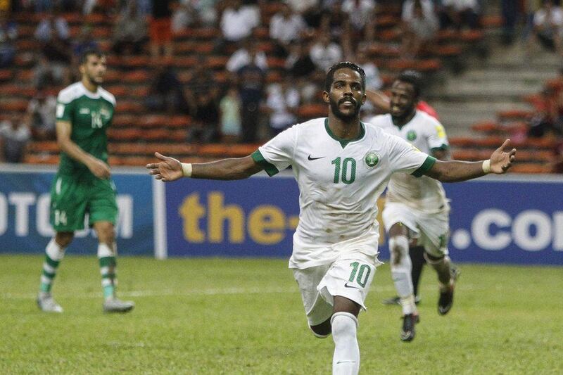 Nawaf Al Abed buried two penalties in the last nine minutes as Saudi Arabia came from a goal down to beat regional rivals Iraq 2-1 in 2018 World Cup qualifying on Tuesday, September 6, 2016. Joshua Paul / AP Photo