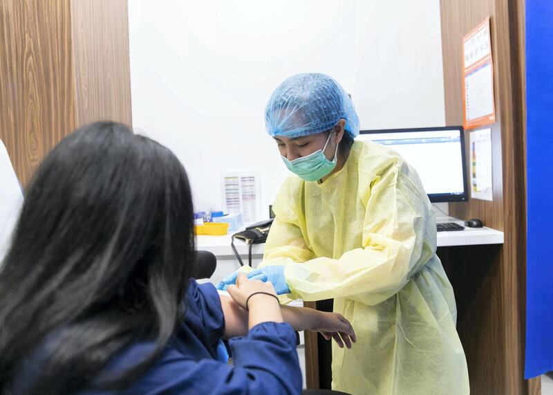 DUBAI, UNITED ARAB EMIRATES. 24 JUNE 2020. 
A patient gets an anti-body test at King's College Hospital.
(Photo: Reem Mohammed/The National)

Reporter:
Section: