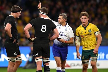 Scott Barrett, left, is sent off during New Zealand's Rugby Championship loss to Australia. Getty